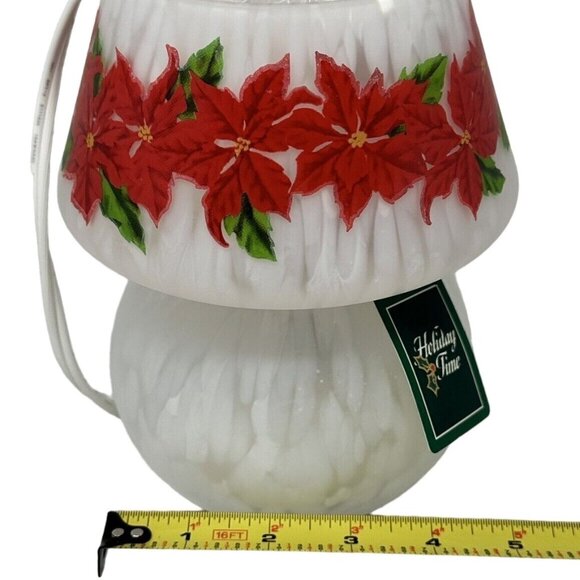 Christmas Red Poinsettia White Speckled Art Glass Mushroom Table Lamp 7 Inch - Picture 8 of 8